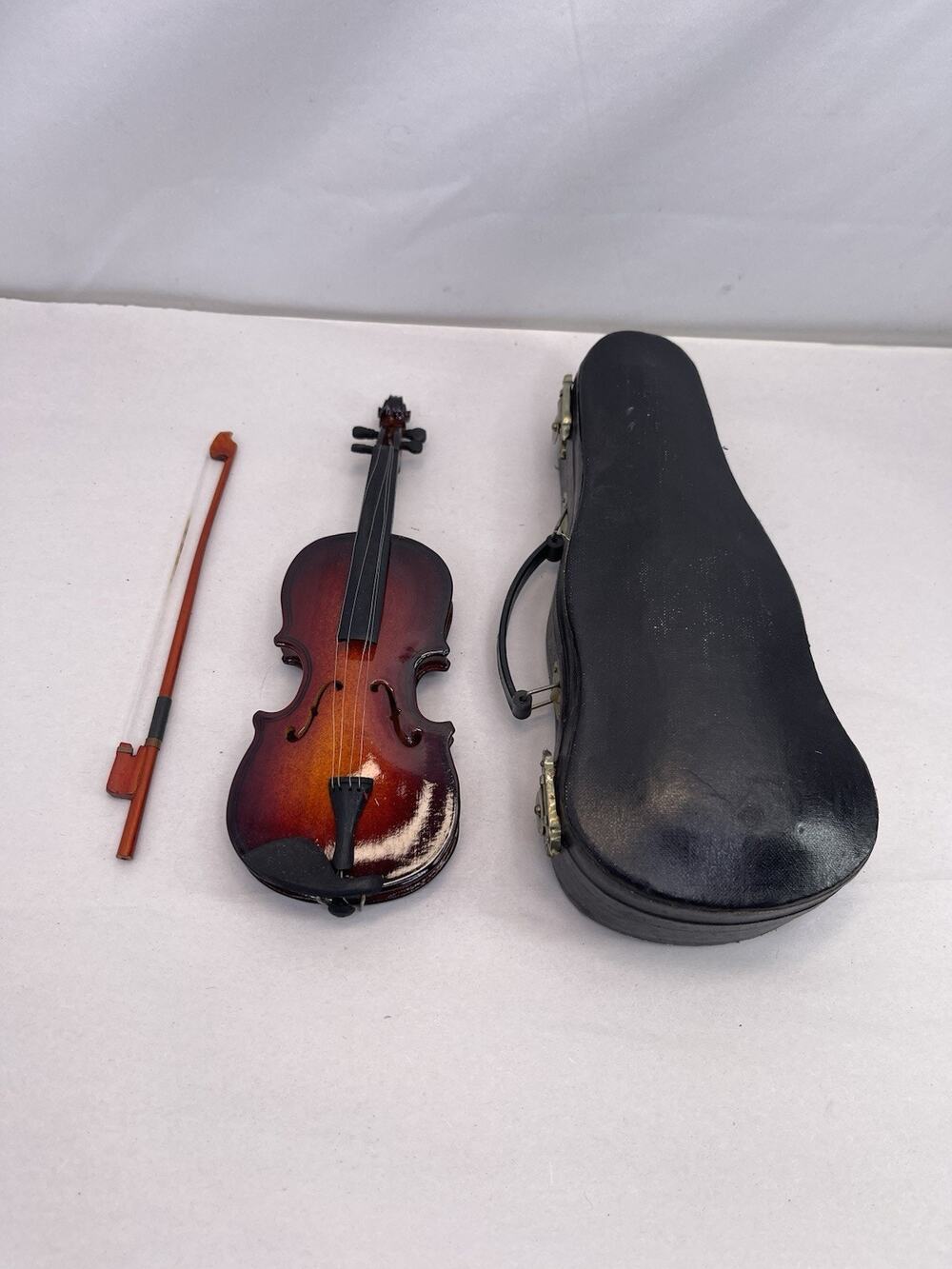 Vintage Miniature Wood Violin Fiddle Replica Model Bow Plush Lined Hard Case